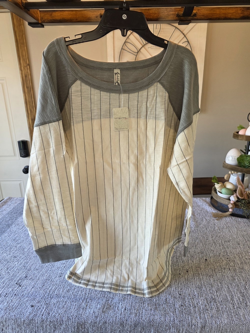Free People Cream and Gray Striped Long Sleeve Tee